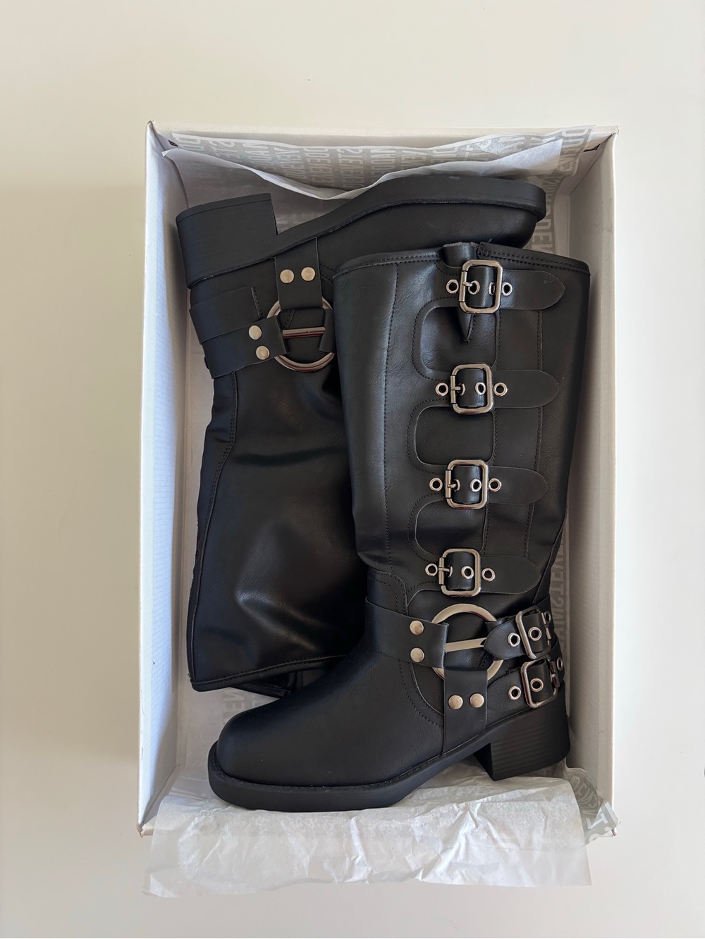 Brand New Black leather buckle boots